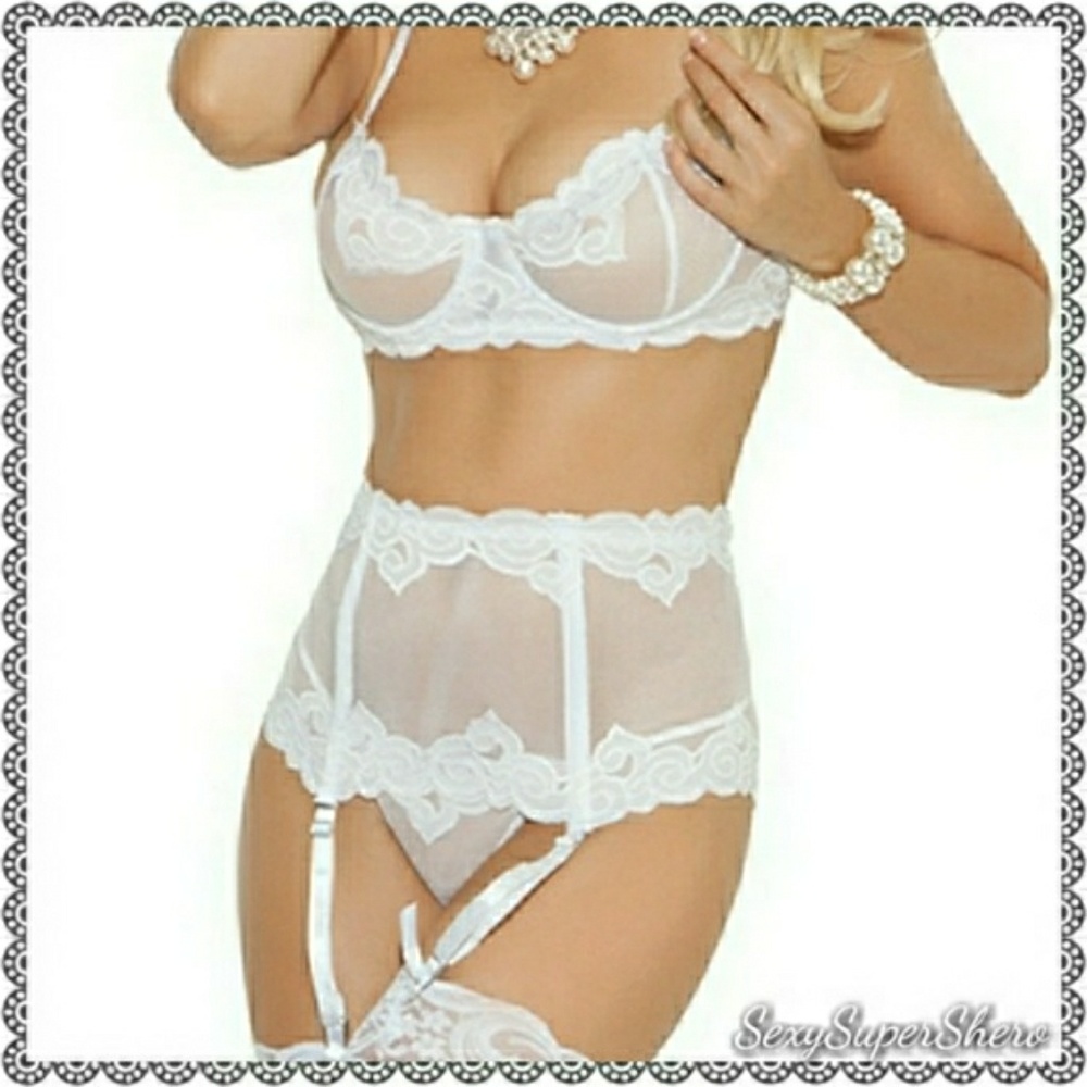 💣BLACK FRIDAY SALE!⚡🆕Bridal White Embroidery 4p Lingerie set Cincher - Picture 5 of 7